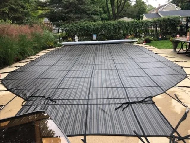 Modern infinity edge swimming pool with crystal clear water overlooking a landscaped backyard